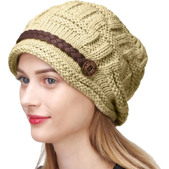 Women's Beige Fashion Winter Warm Knit Beanie Crochet Cap Hat with Leather Strap - Picture 1 of 4